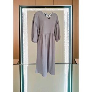 MCO Midi Popover Dress S Gray Textured V-Neck Pockets 3/4 Sleeve Oversized Boho